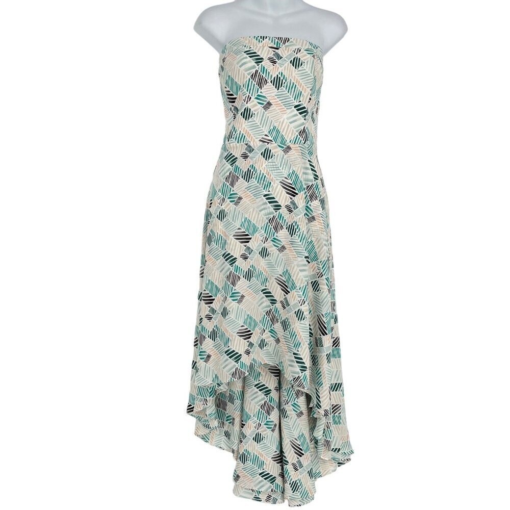 White House Black Market Dress Women 12 Teal Geometric Strapless High-Low Hem